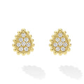 18K Caviar Gold Diamond Pear Earrings featuring round brilliant-cut diamonds clustered in a teardrop shape with a gold beaded border.