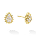 18K Caviar Gold Diamond Pear Earrings featuring pavé-set diamonds in a marquise shape with caviar borders and straight post backings, showcasing LAGOS craftsmanship.