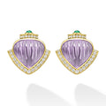 These omega clip earrings feature a bold amethyst gemstone set in 18K gold, framed by a brilliant halo of diamonds.