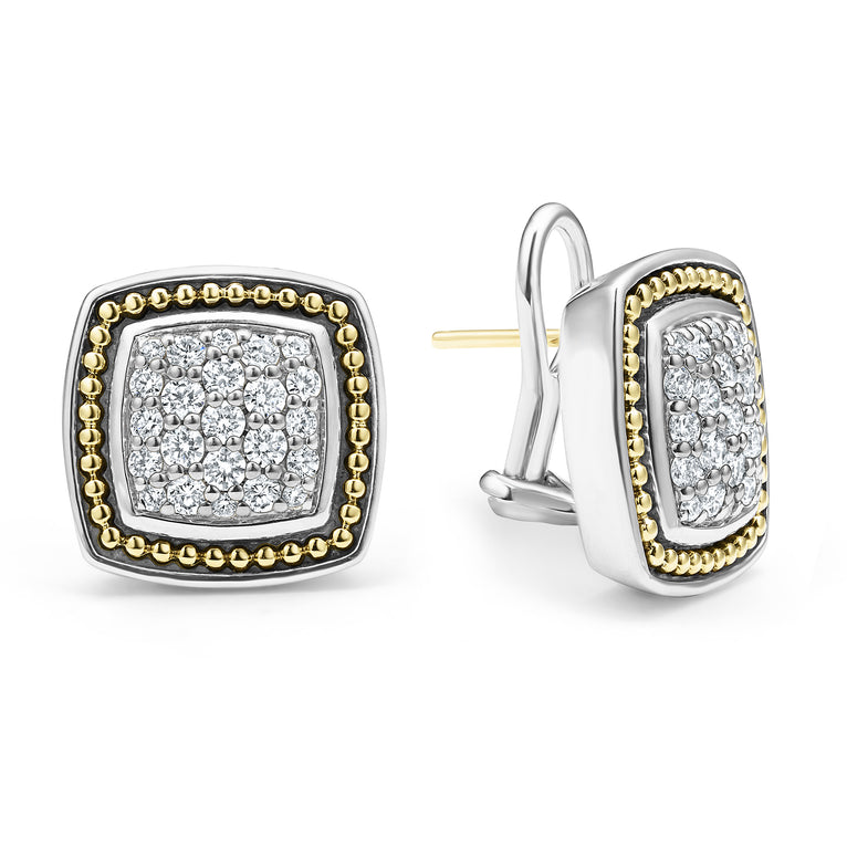 A LAGOS exclusive. Diamond omega clip earrings surrounded by 18K gold Caviar beading and smooth sterling silver. LAGOS diamonds are the highest quality natural stones.