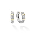 A pair of silver and yellow gold hoop earrings with pavé diamond accents, displayed on a clean white background with soft reflections.