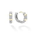 A pair of silver hoop earrings with textured beaded edges, rectangular pavé-set diamond stones, and gold accent bands, shown on a clean white background.