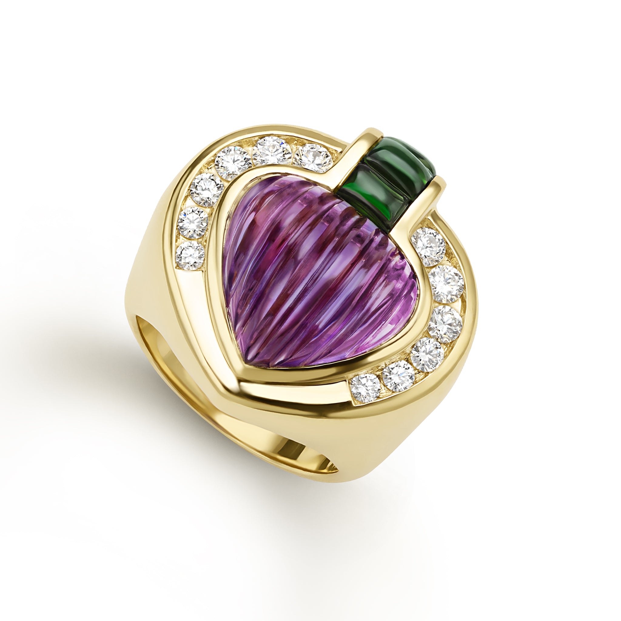 Caviar Gold 18K Gold Fluted Amethyst & Chrome Tourmaline Ring