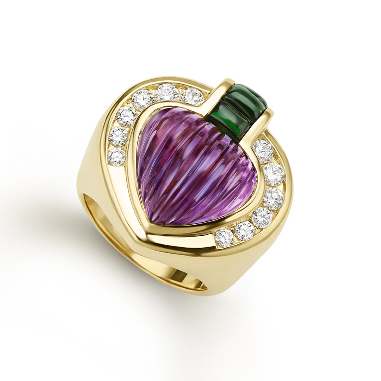 Caviar Gold 18K Gold Fluted Amethyst & Chrome Tourmaline Ring