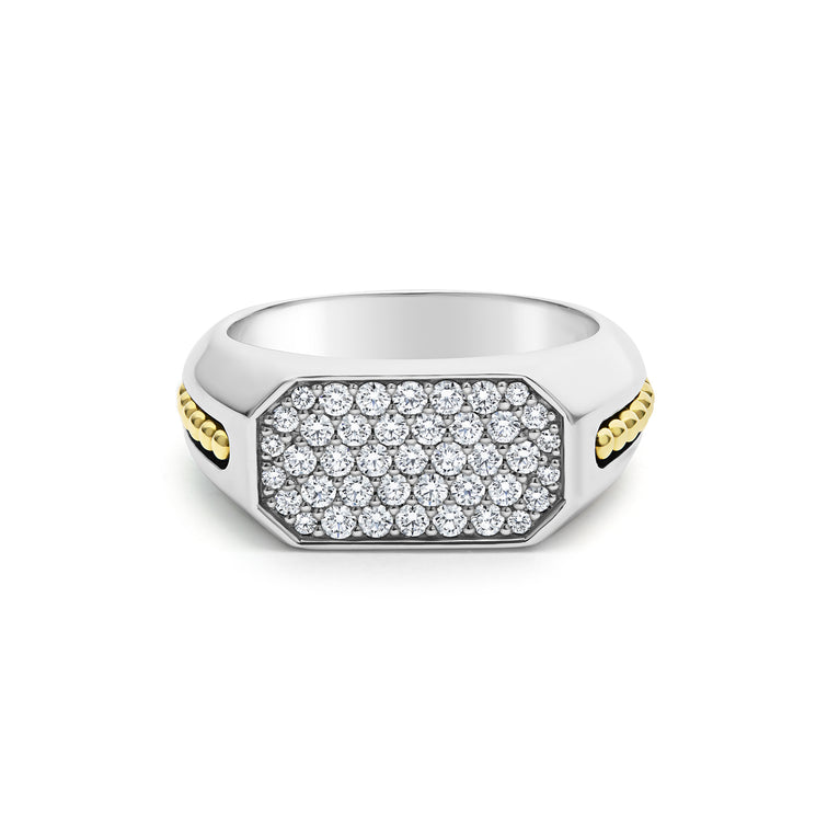 Diamonds accented by sterling silver and 18K gold Caviar beading forms this statement ring. LAGOS diamonds are the highest quality natural stone.