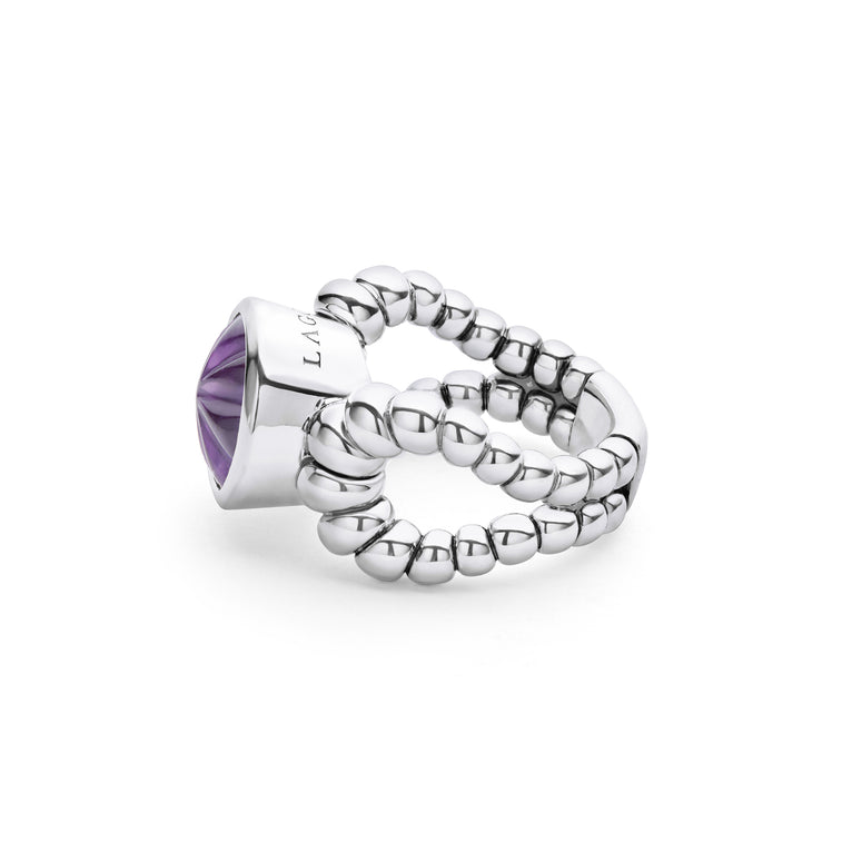 Caviar Color Sterling Silver Amethyst Cabochon Ring