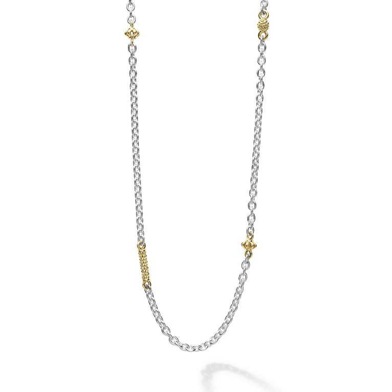 Sterling silver necklace with 18K gold Caviar beading and fluted accents. Ideal to style with various necklaces for a unique look.
