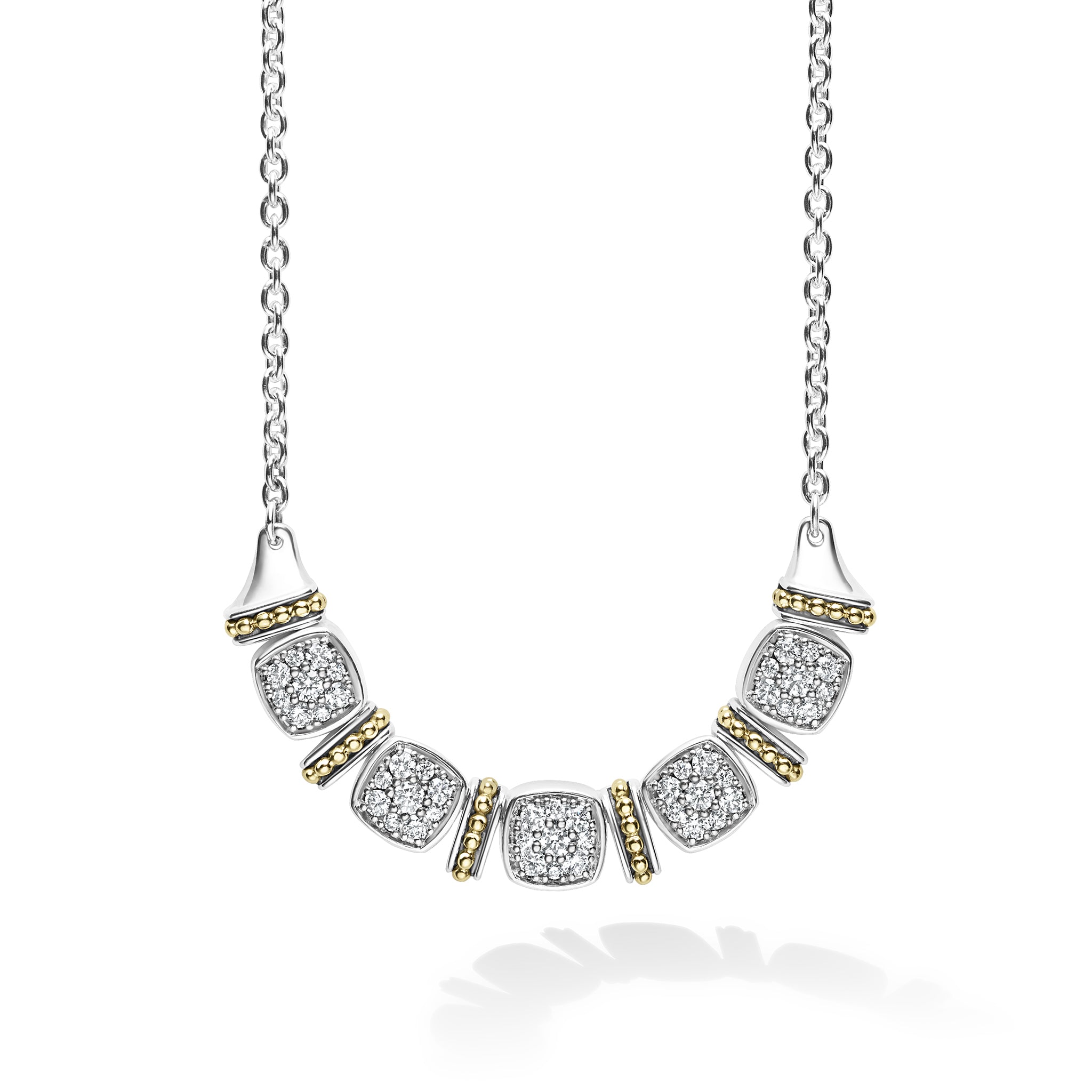 A LAGOS exclusive. Five diamond stations accent this necklace surrounded by sterling silver and 18K gold Caviar beading. LAGOS diamonds are the highest quality natural stones.