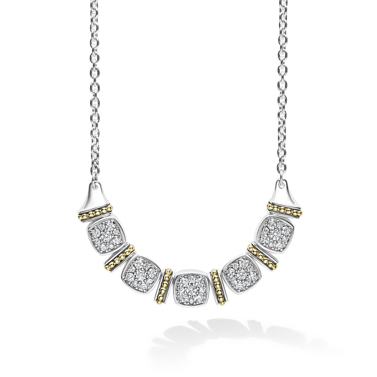 A LAGOS exclusive. Five diamond stations accent this necklace surrounded by sterling silver and 18K gold Caviar beading. LAGOS diamonds are the highest quality natural stones.