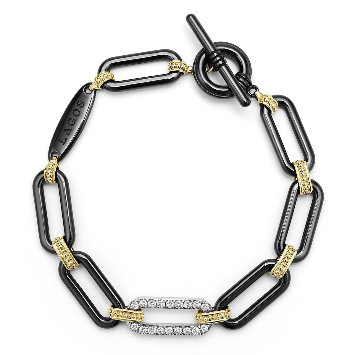 18K Gold and Black Ceramic Diamond Station Link Necklace 10mm