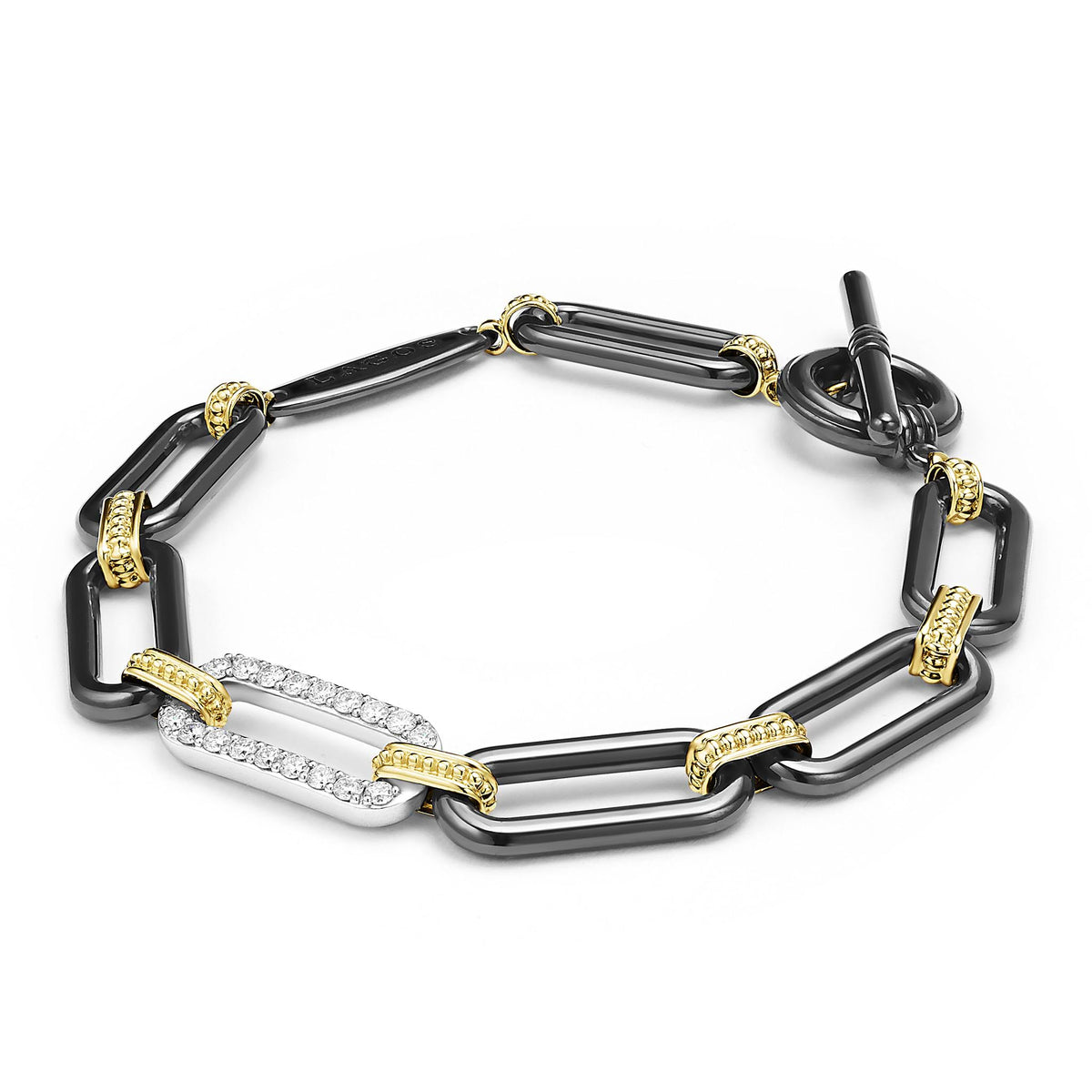 18K Gold and Black Ceramic Diamond Station Link Necklace 10mm 