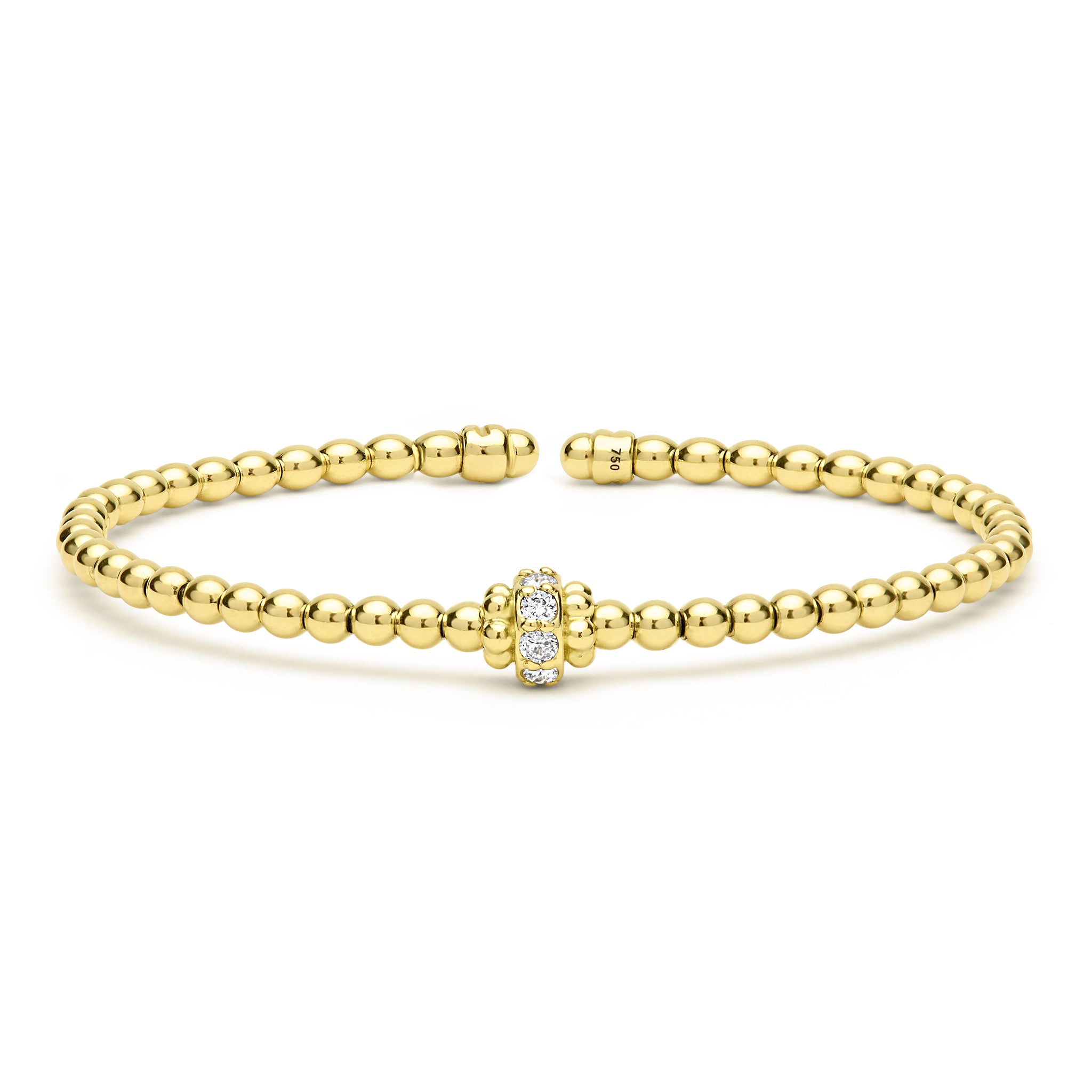 Gold beaded bracelet with a clasp on a white background