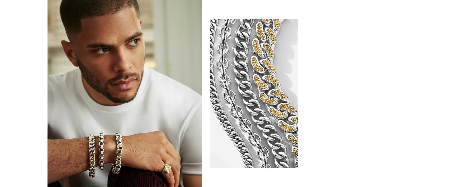Man wearing gold chain bracelets with close-up of silver and gold chain designs.