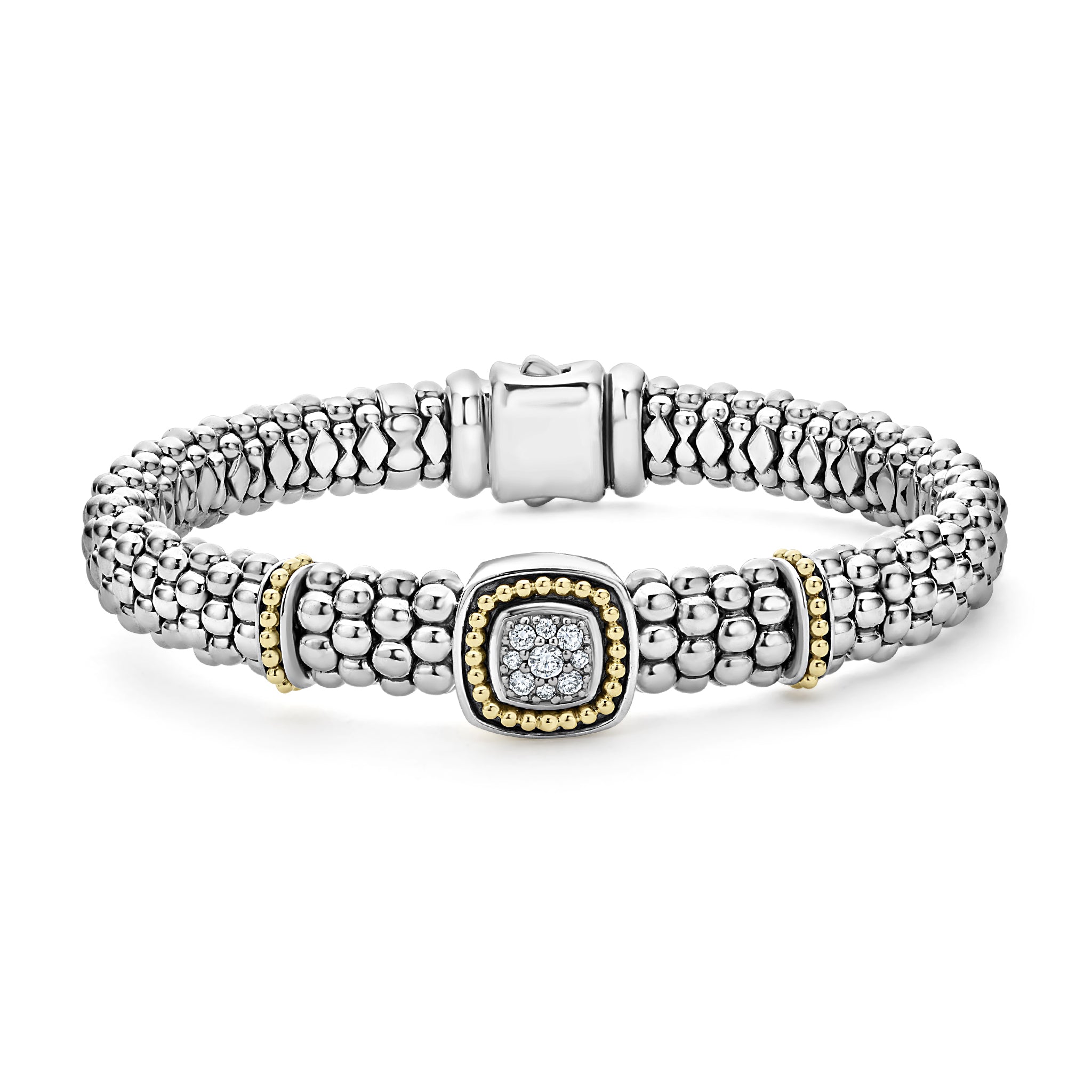 A LAGOS exclusive. Pave diamonds accented by 18K gold Caviar beading forms this sterling silver Caviar beaded bracelet. LAGOS diamonds are the highest quality natural stones.