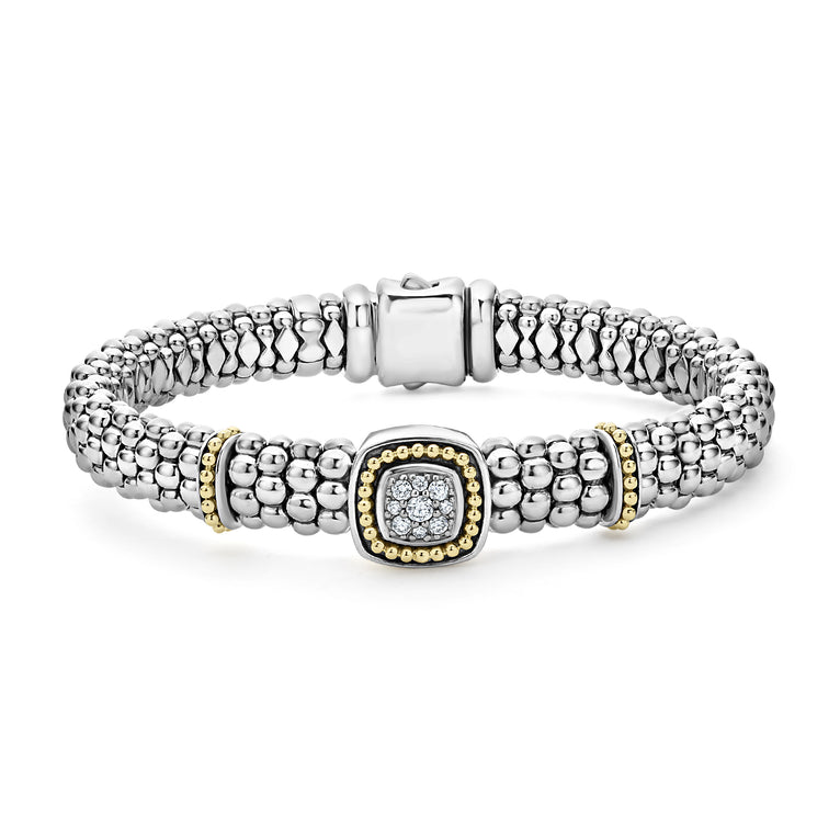 A LAGOS exclusive. Pave diamonds accented by 18K gold Caviar beading forms this sterling silver Caviar beaded bracelet. LAGOS diamonds are the highest quality natural stones.