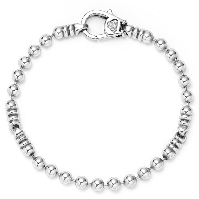 Smooth sterling silver accented by Caviar beaded stations form this ball chain bracelet.