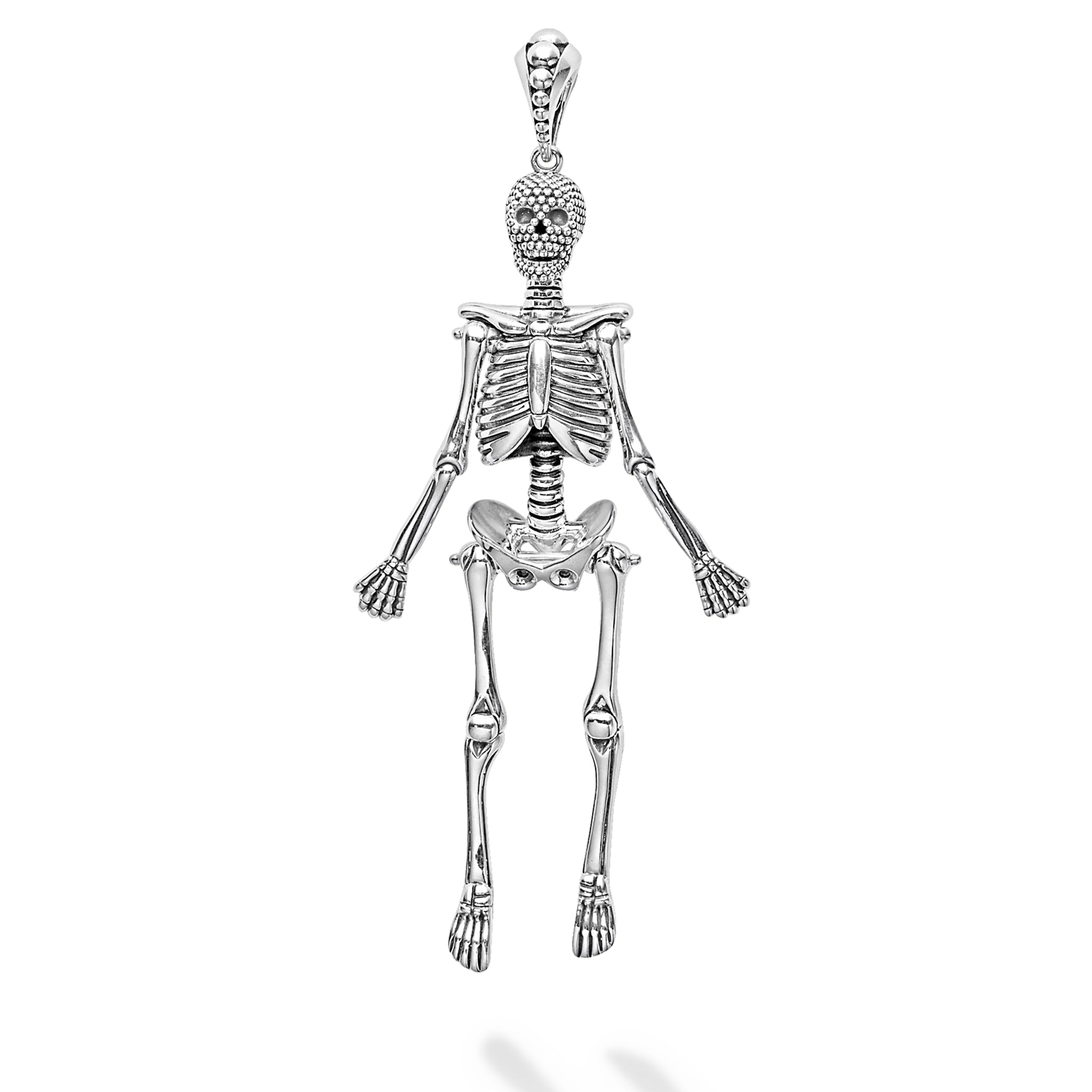 A LAGOS exclusive. An intricately crafted sterling silver skeleton pendant finished on a chain necklace that adjusts from 22 to 24 inches. Skeleton is assembled from five different parts that make the pendant very movable.