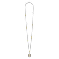 Signature Caviar Two-Tone Diamond Cross Charm Necklace featuring a silver-gold chain with gold beads, ending in a diamond-accented cross on a round pendant.