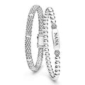Two silver beaded bracelets on a white background
