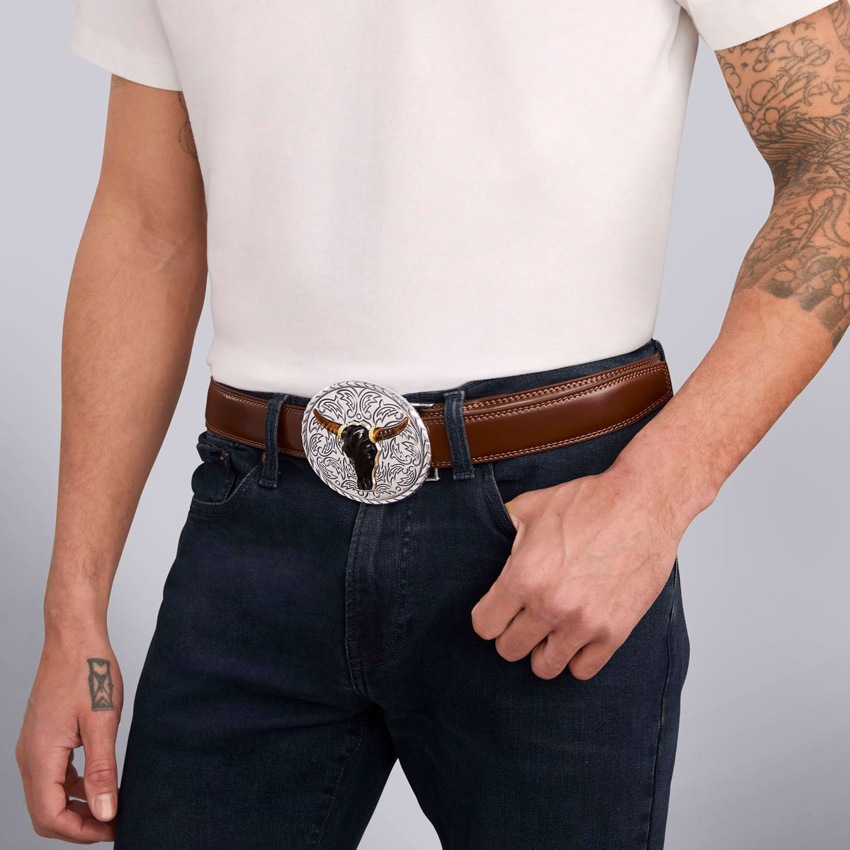 Leatherock Black Leather Belt with Black Agate-Style Buckle Vintage Black Leather Belt with Agate Stone and Brass Buckle main image 4