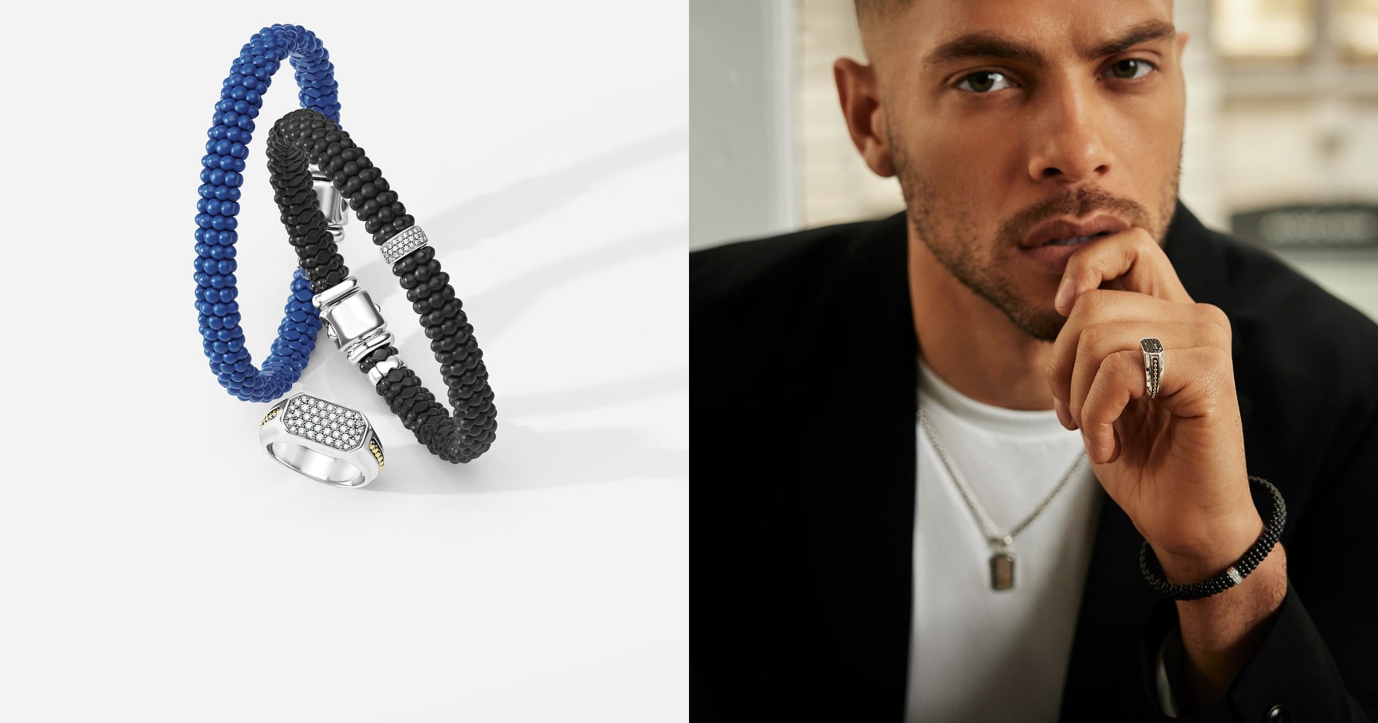LAGOS for Men Father's Day campaign featuring black and blue Caviar beaded bracelets and a diamond pavé signet ring, styled on a male model.