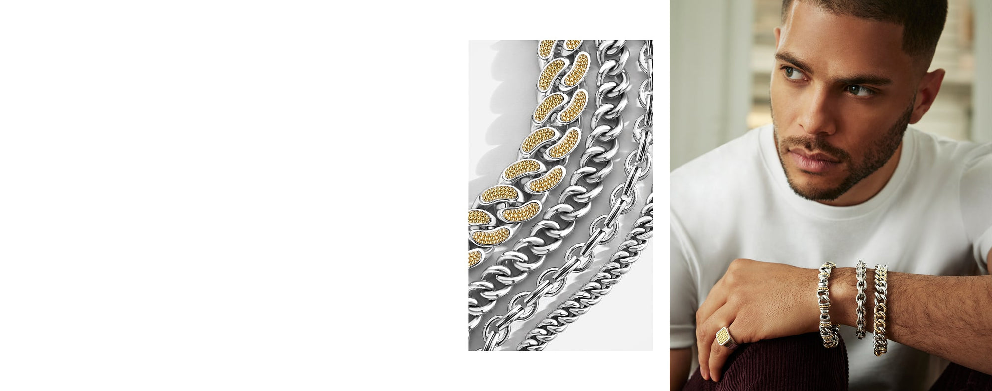 Man wearing gold chain bracelets with close-up of silver and gold chain designs.