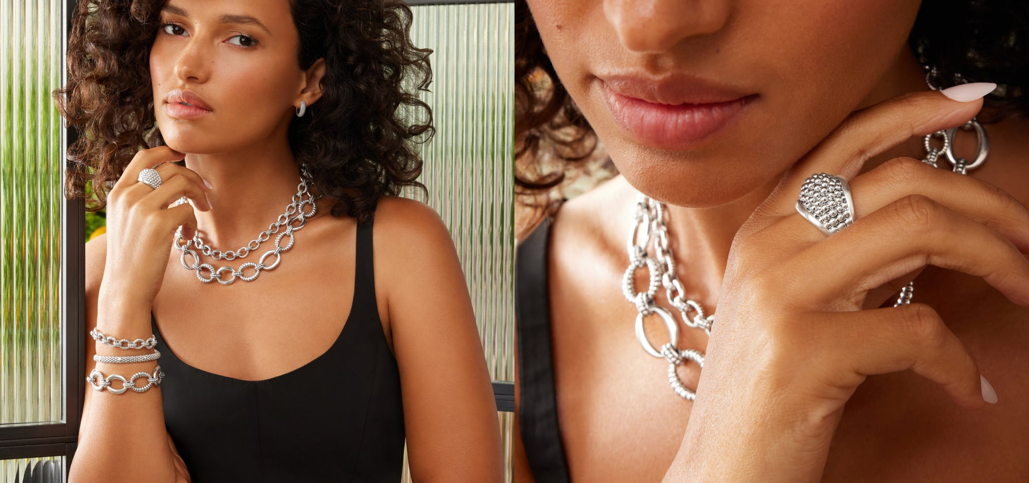 Woman wearing silver jewelry including a necklace, bracelet, and ring.