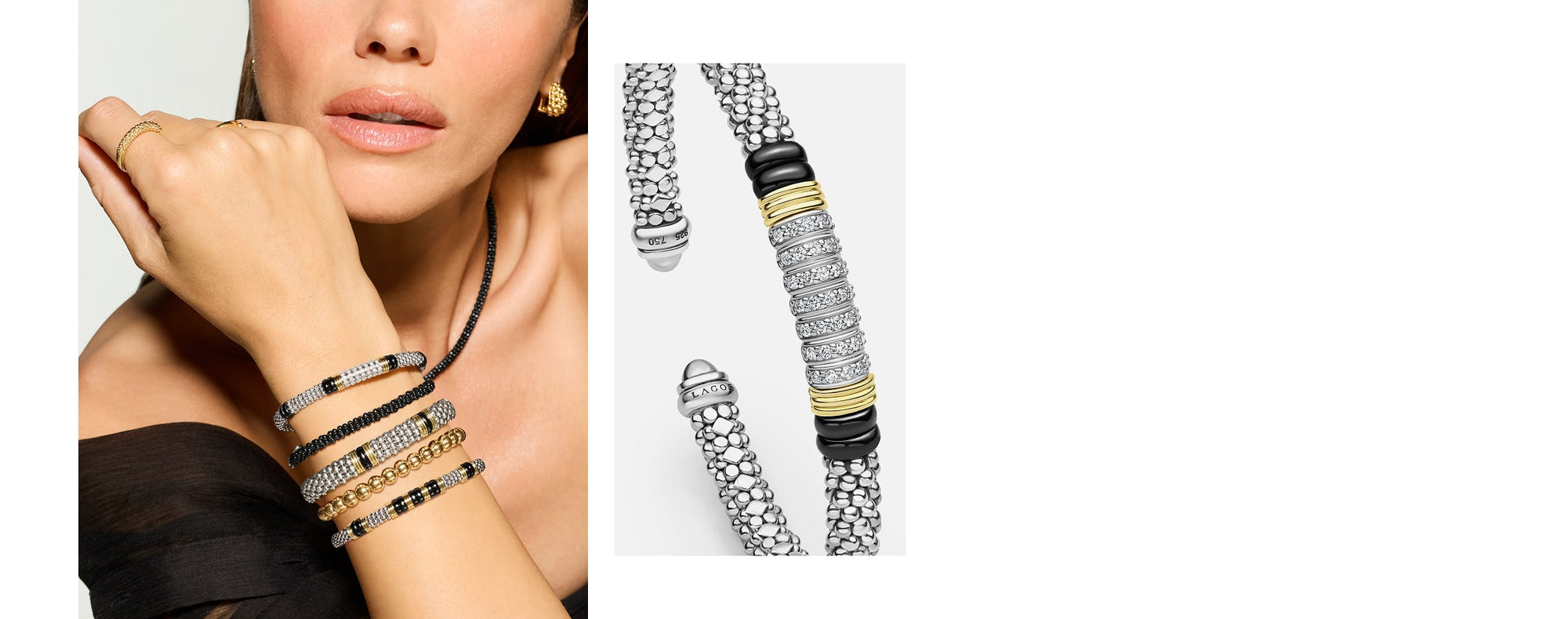 A close-up lifestyle shot of a model wearing a stack of beaded bracelets on her wrist, including black and silver beads with gold accents, alongside a matching textured gold stud earring.