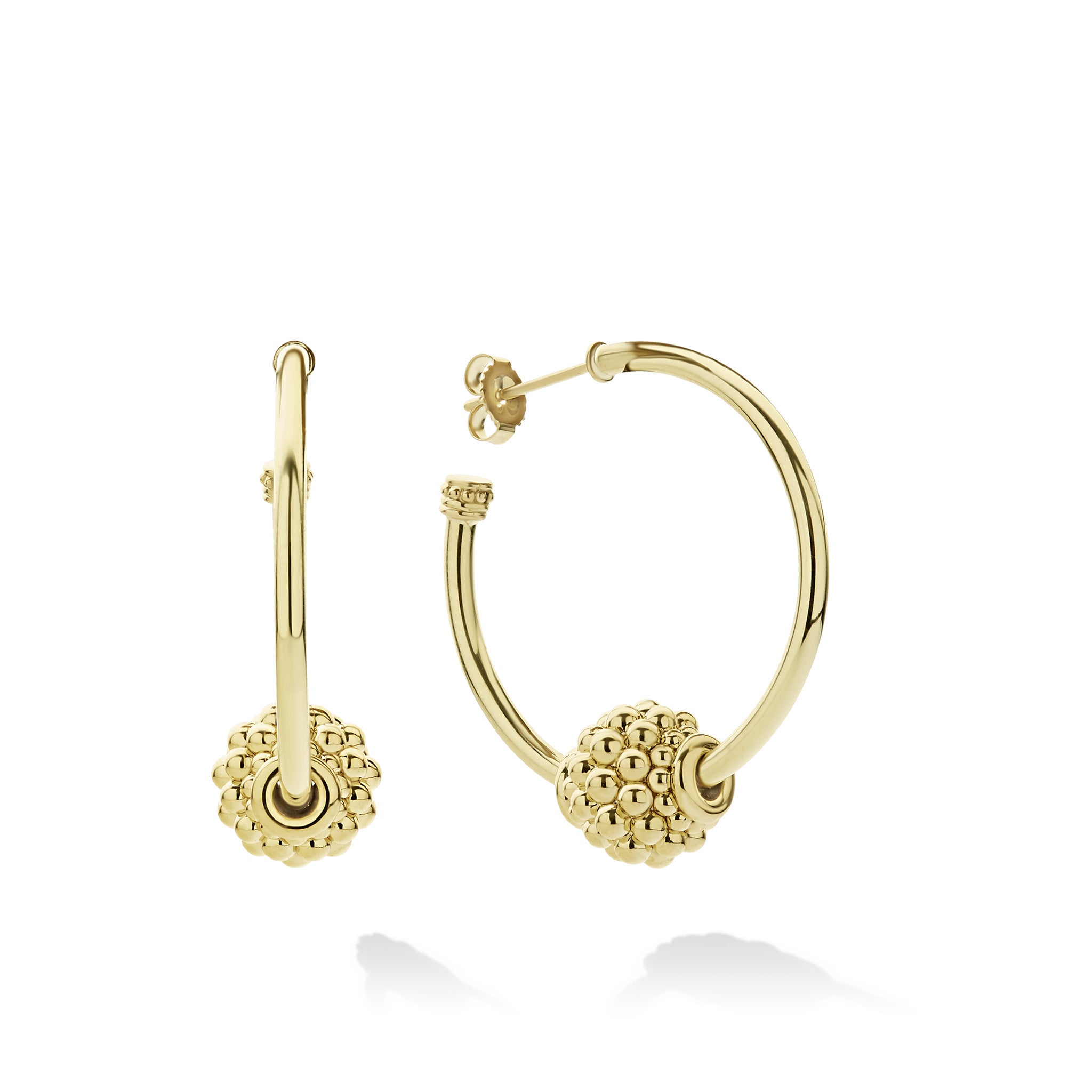 Small 18K gold hoop earrings accented with a Caviar beaded ball for a unique look.