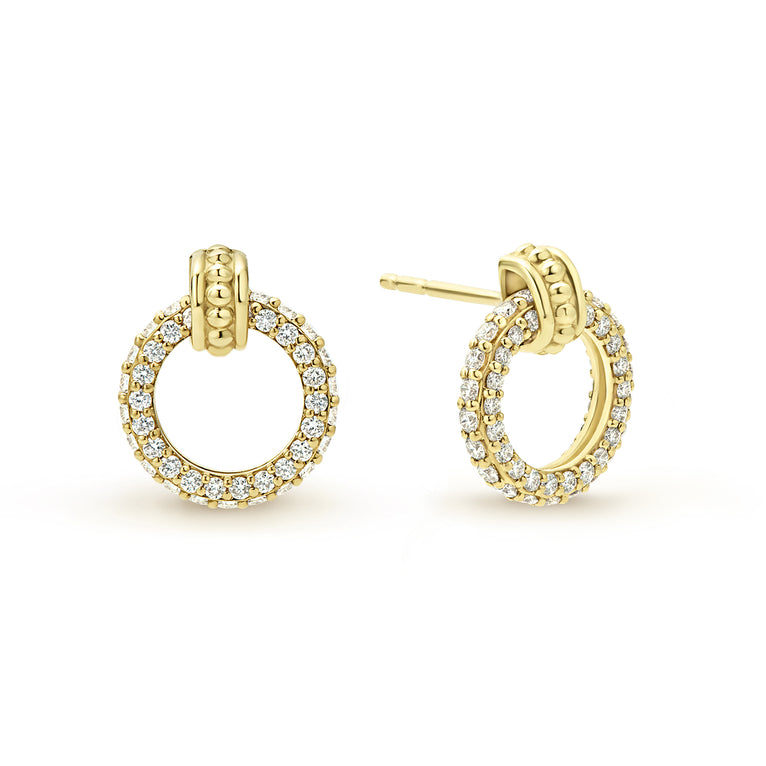 Diamond gold circle stud earrings with an 18k gold Caviar accent. LAGOS diamonds are the highest quality natural stones.