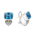 Swiss blue topaz bezel-set gemstone earrings with 18K gold and sterling silver Caviar beaded accents.