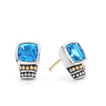 Swiss blue topaz bezel-set gemstone stud earrings with 18K gold and sterling silver Caviar beaded accents.