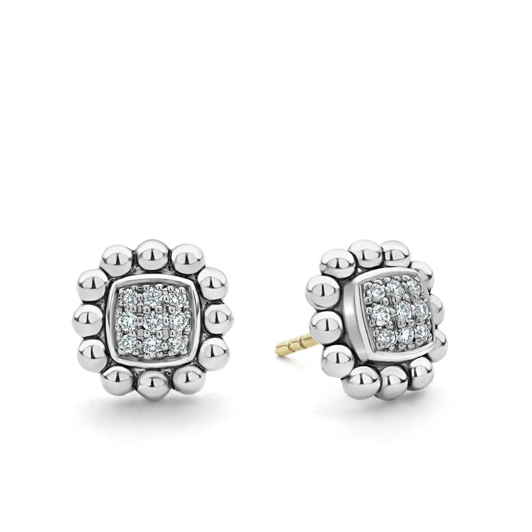 Pavé diamond square stud earrings framed by sterling silver Caviar beading. LAGOS diamonds are the highest quality natural stones.