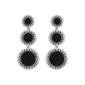 Maya Three Onyx Circle Drop Earrings featuring polished onyx discs framed by sterling silver caviar beading, offering a bold and elegant accessory.
