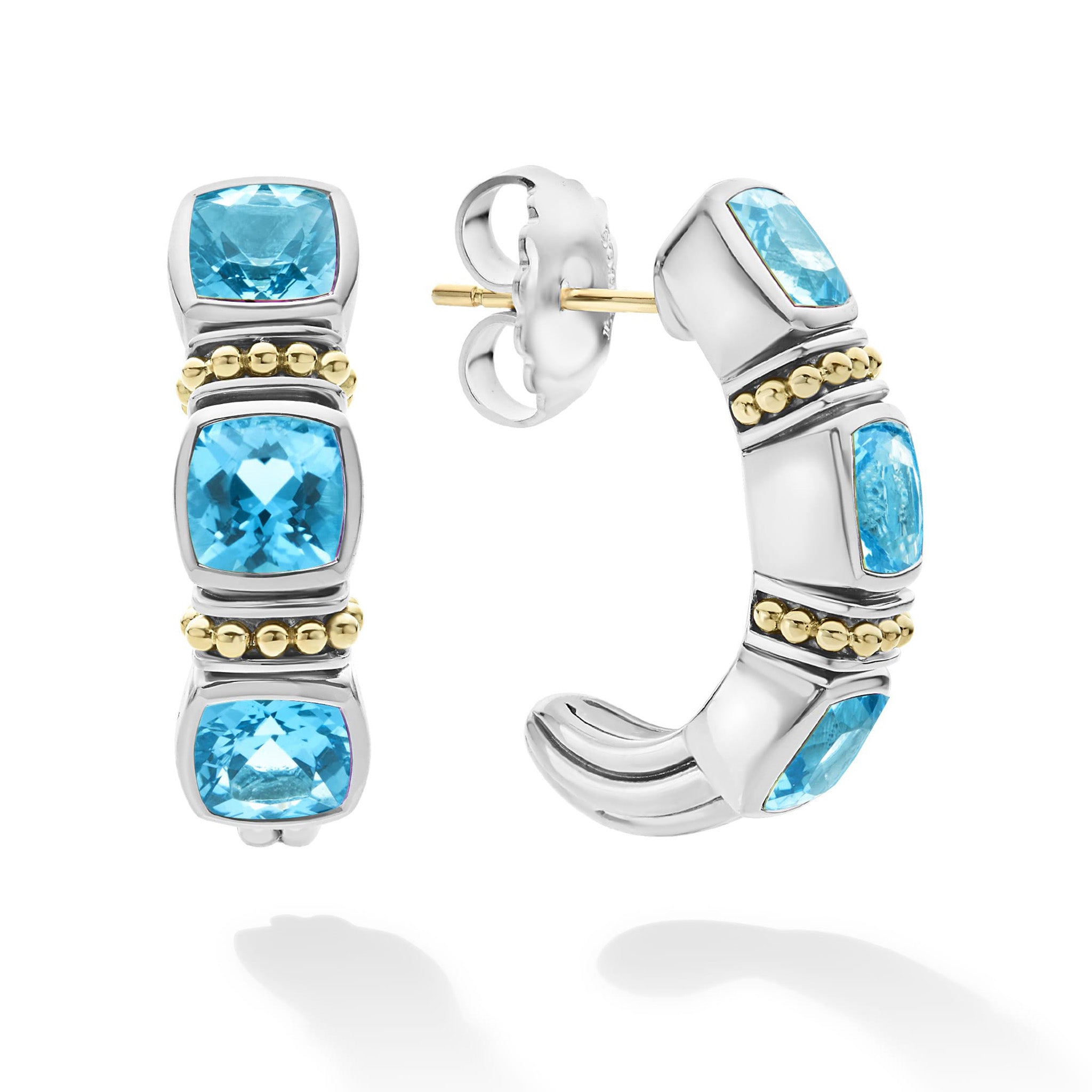 Swiss blue topaz gemstone hoop earrings surrounded by sterling silver and 18K gold Caviar beading.