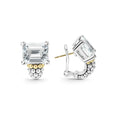 White topaz emerald-cut gemstone earring with a prong setting in sterling silver and 18K gold Caviar beading.