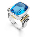 Swiss blue topaz bezel-set gemstone statement ring with 18K Caviar beading on a sterling silver band.