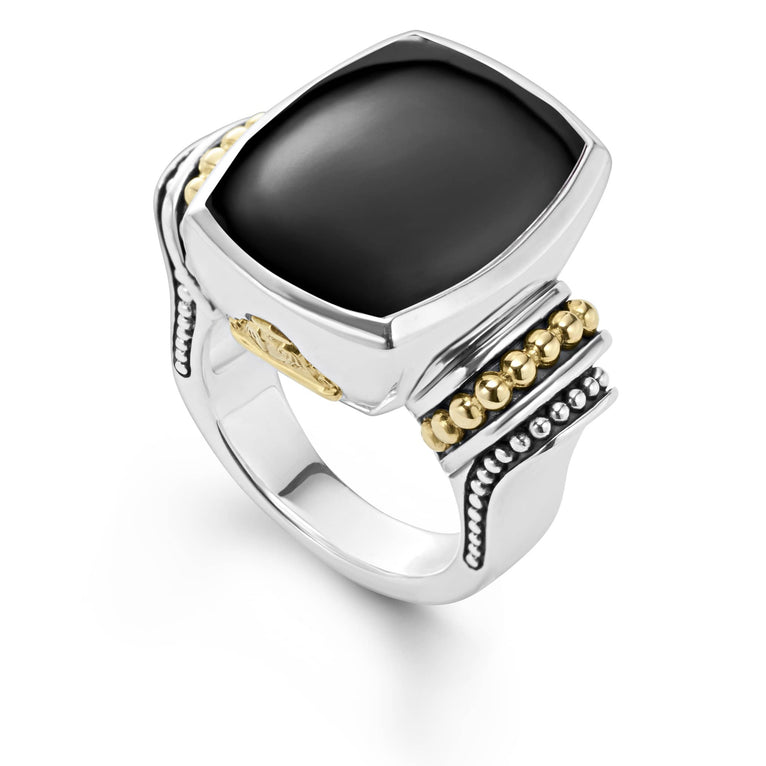 Onyx bezel-set gemstone statement ring with 18K Caviar beading on a sterling silver band.