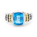 Rittenhouse Bezel-Set Swiss Blue Topaz Ring featuring a cushion-cut gemstone in sterling silver, accented with 18K Caviar beading on a two-tone band.