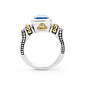 Rittenhouse Bezel-Set Swiss Blue Topaz Ring with a faceted gemstone, sterling silver band, oxidized channels, and 18K yellow-gold bead accents.