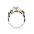 Rittenhouse Bezel-Set White Topaz Ring featuring a clear cushion-cut gemstone, sterling silver band with oxidized channels, and 18K Caviar beading accents.