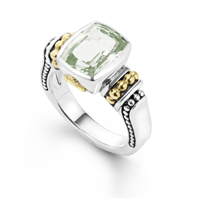 Prasiolite bezel-set gemstone ring with 18K Caviar beading on a sterling silver band.