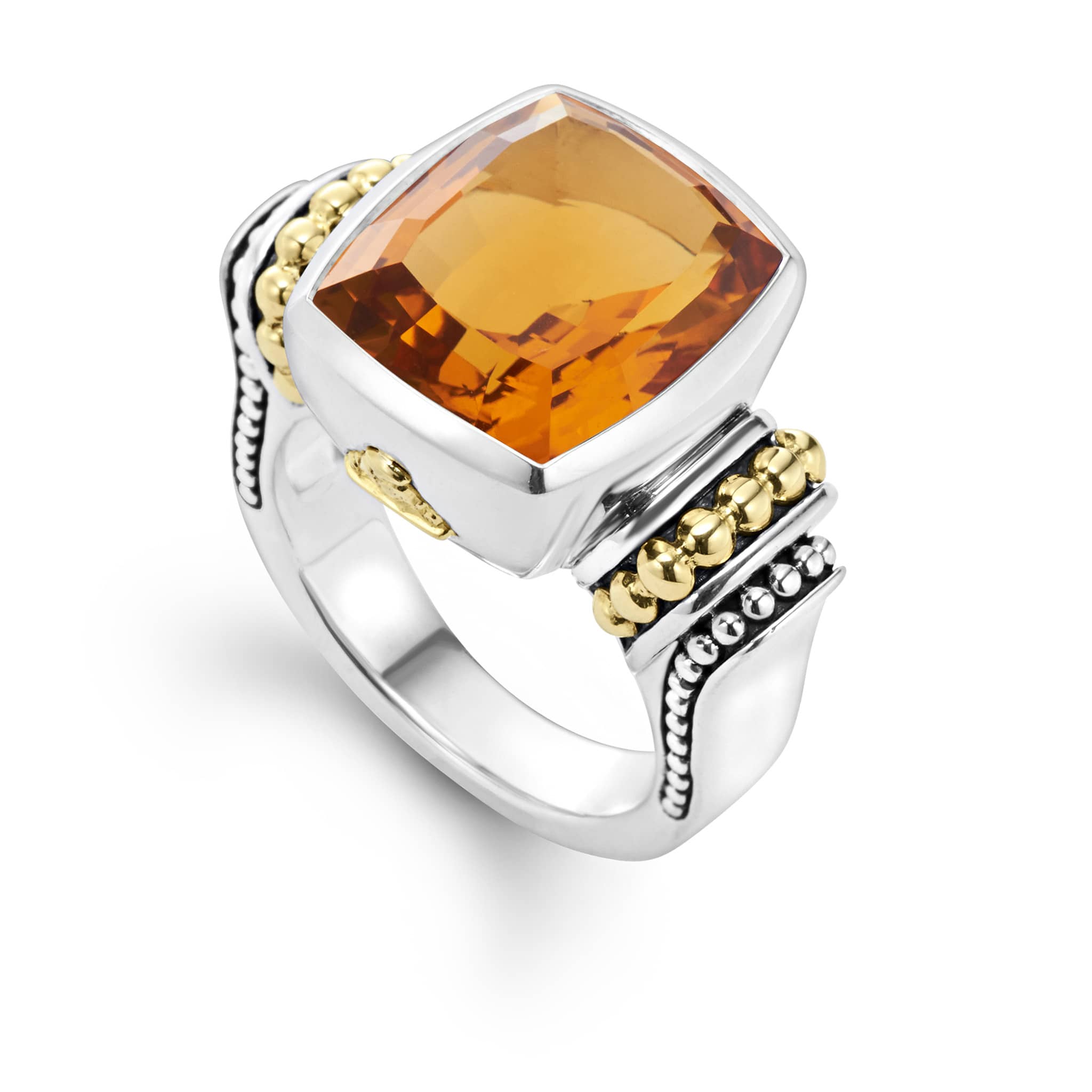 Citrine bezel-set gemstone ring with 18K gold Caviar beading on a sterling silver band.