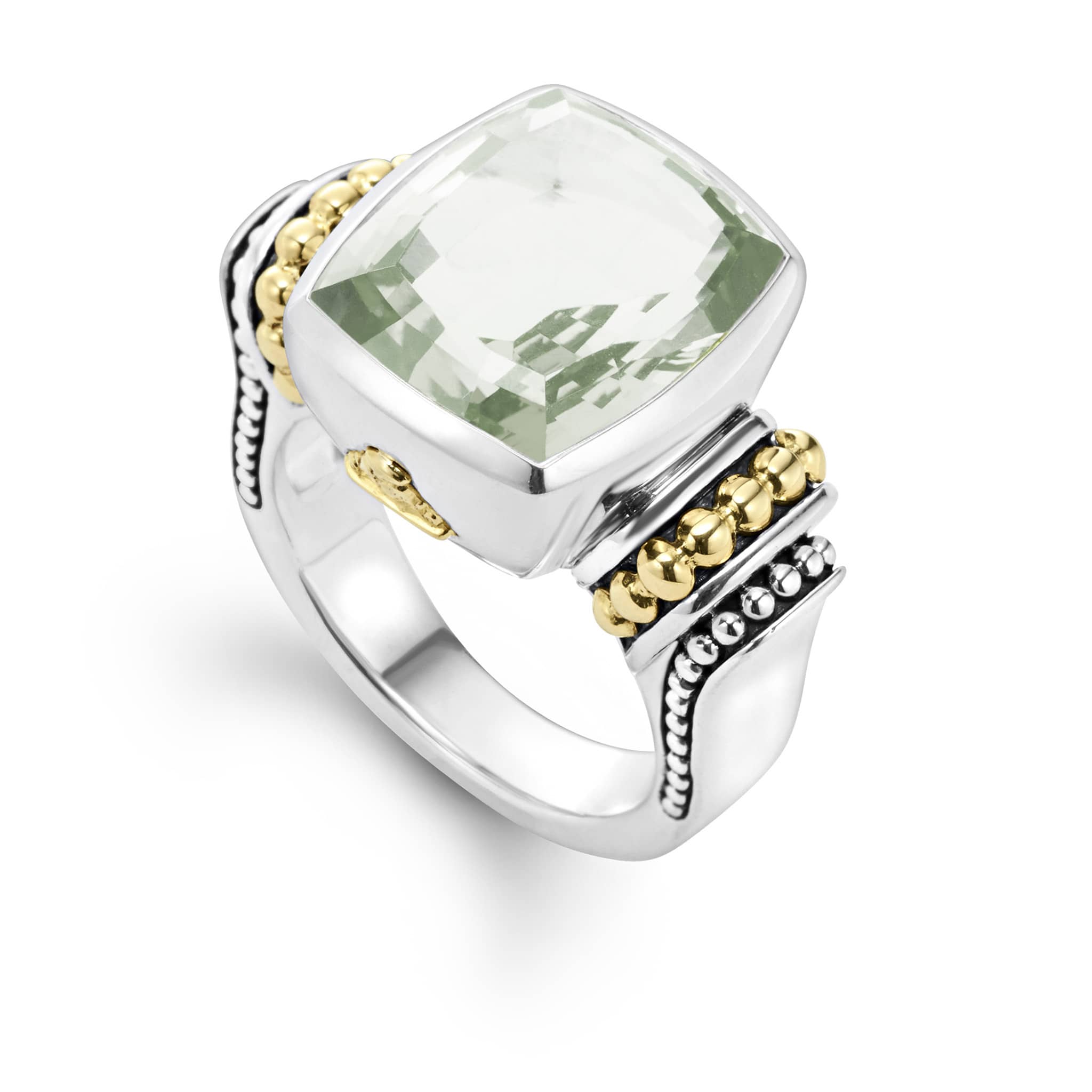 Prasiolite bezel-set gemstone ring with 18K gold Caviar beading on a sterling silver band.