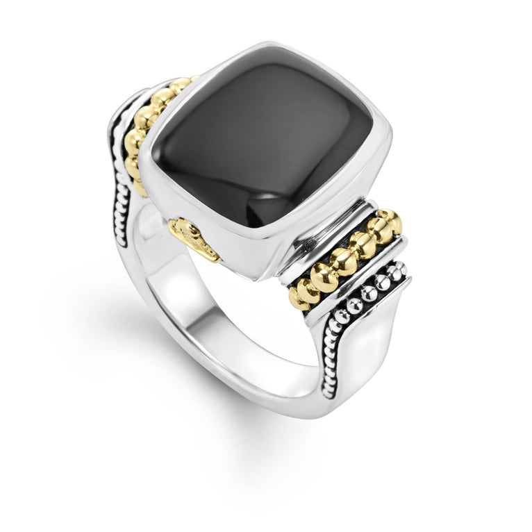 Onyx bezel-set gemstone ring with 18K gold Caviar beading on a sterling silver band.
