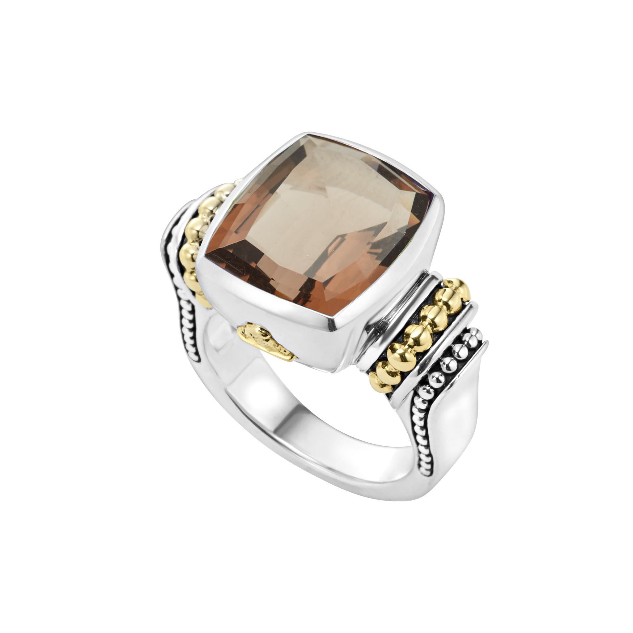 Smokey quartz bezel-set gemstone ring with 18K gold Caviar beading on a sterling silver band.