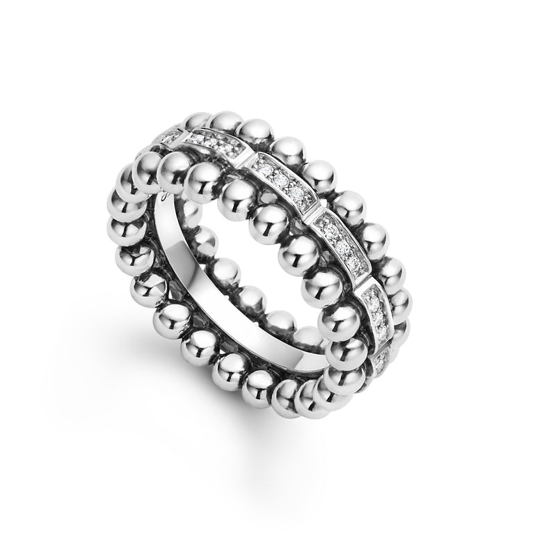 Diamonds framed by sterling silver Caviar beading form this classic band ring. LAGOS diamonds are the highest quality natural stones.