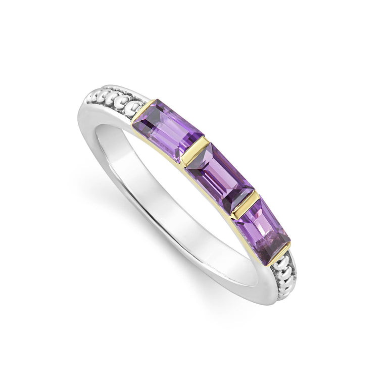 Three amethyst gemstones form this stacking ring surrounded by sterling silver Caviar beading.