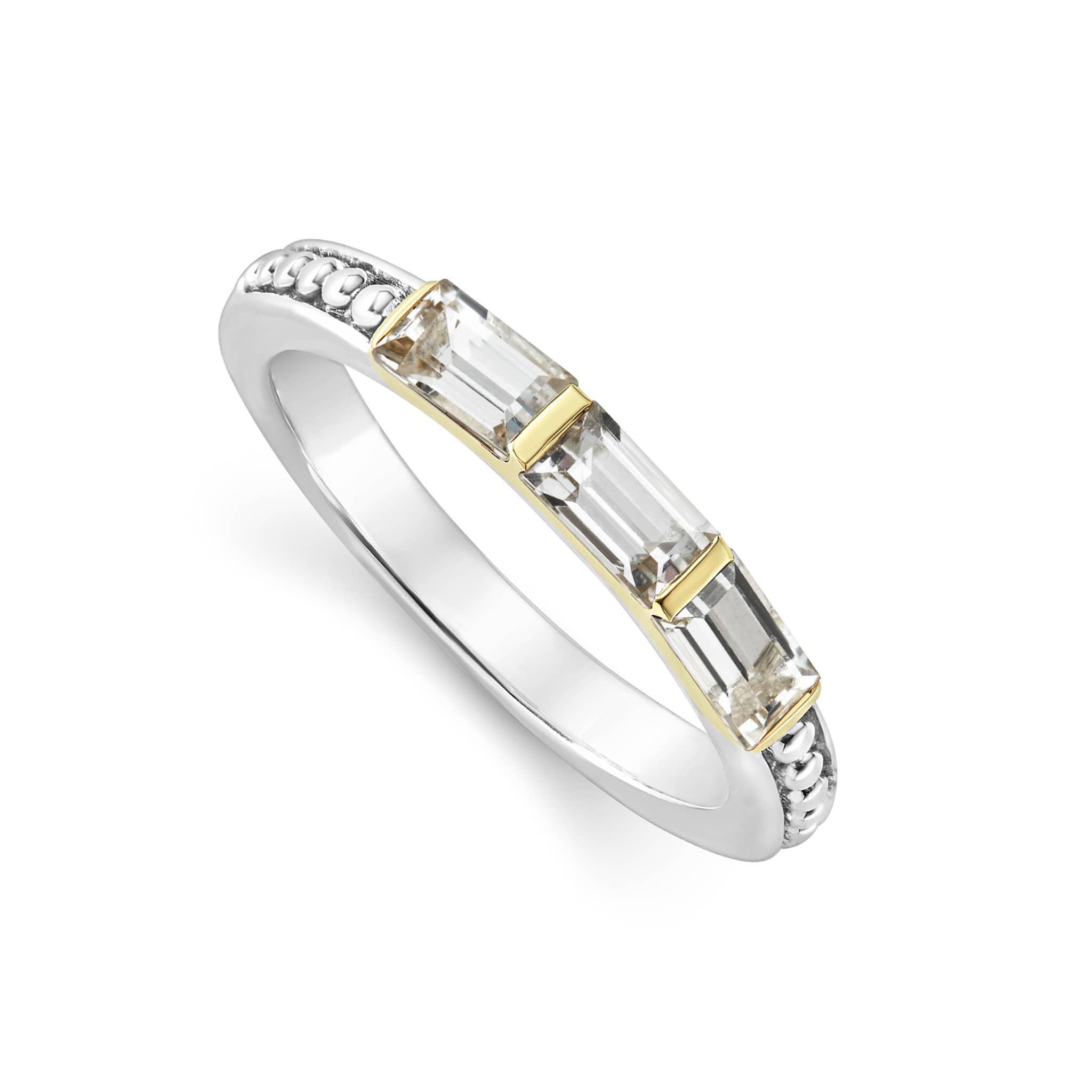 Three white topaz gemstones form this stacking ring surrounded by sterling silver Caviar beading.