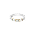 Rittenhouse White Topaz Stacking Ring with three baguette-cut stones, gold prongs, sterling silver band, designed for stacking or standalone elegance.
